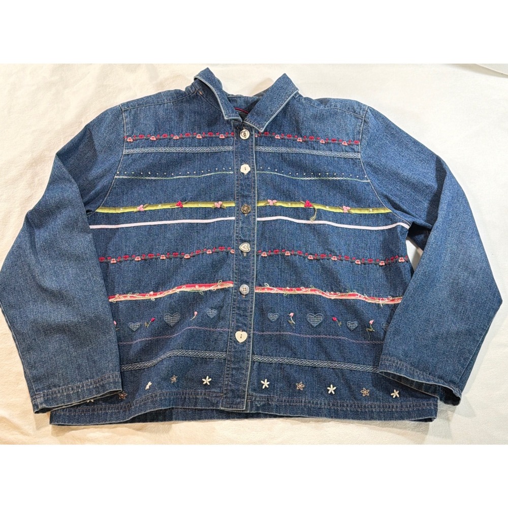 Koret City Blues Womens XL Denim Jacket Embroidered Floral Heart Blue 155M148